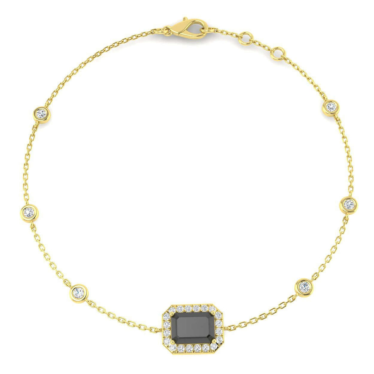Solitaire Emerald Cut Black Stone with Natural Diamond Halo Chain Bracelet in 10K/14K gold and platinum with certified lab-grown or natural diamonds