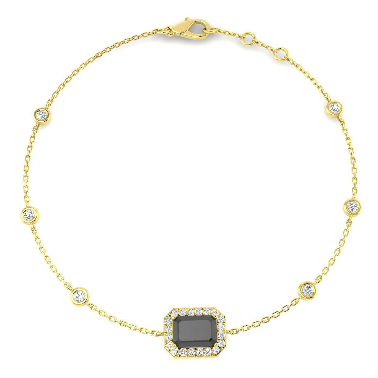 Solitaire Emerald Cut Black Stone with Natural Diamond Halo Chain Bracelet in 10K/14K gold and platinum with certified lab-grown or natural diamonds