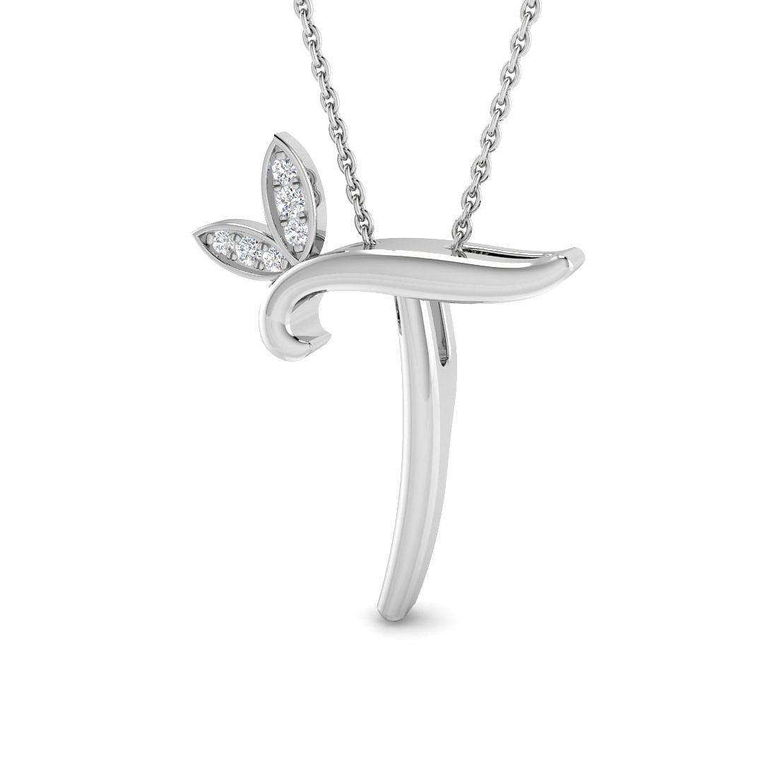 Initial Diamond Pendant Necklace with Leaf Design in 10K/14K gold and platinum with certified lab-grown or natural diamonds