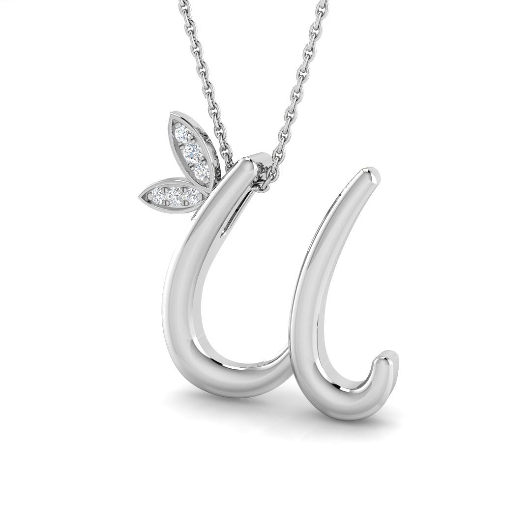 Initial Diamond Pendant Necklace with Leaf Design in 10K/14K gold and platinum with certified lab-grown or natural diamonds