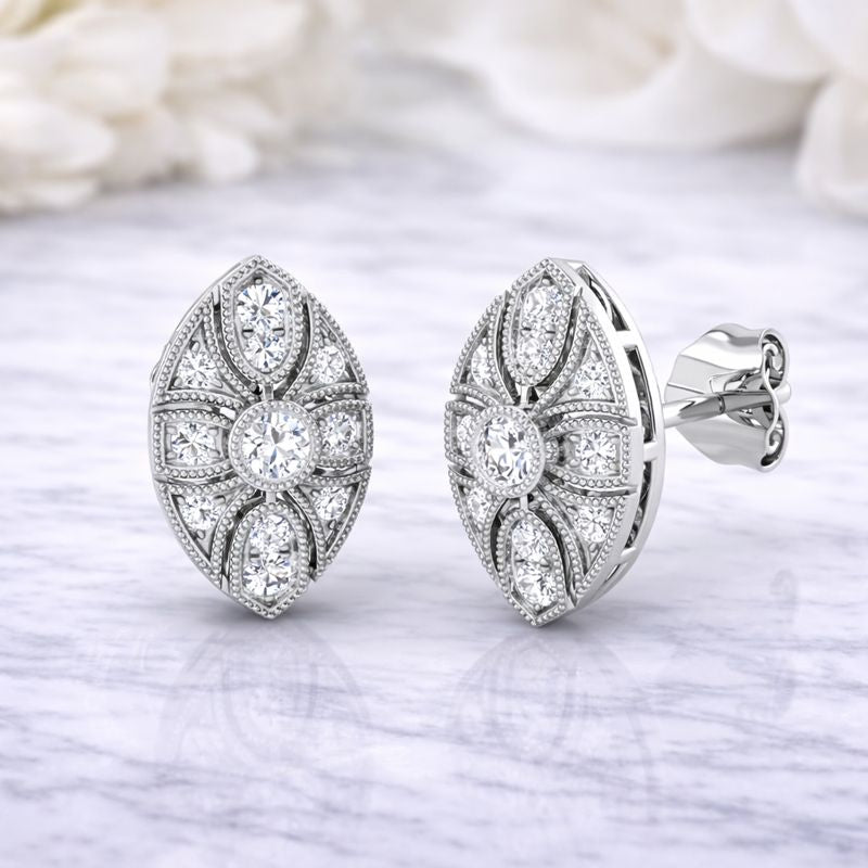 Vintage Round Cut Diamond Stud Earrings in 10K/14K gold and platinum with certified lab-grown or natural diamonds