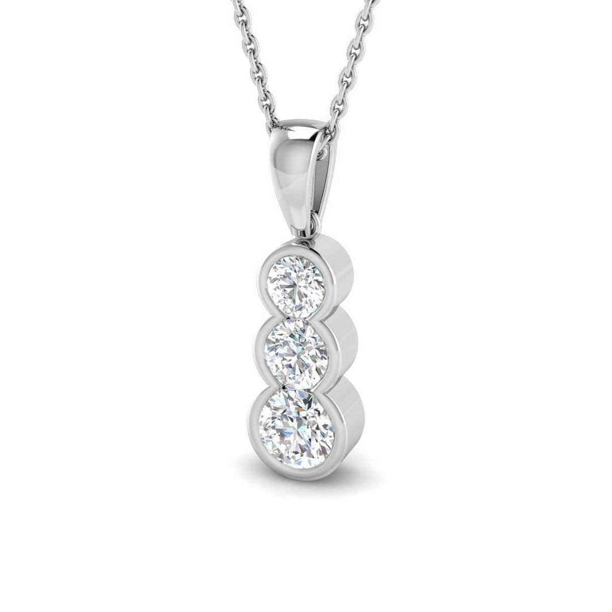 Three Stone Diamond Drop Pendant in Bezel Set - Vertical Design in 10K/14K gold and platinum with certified lab-grown or natural diamonds