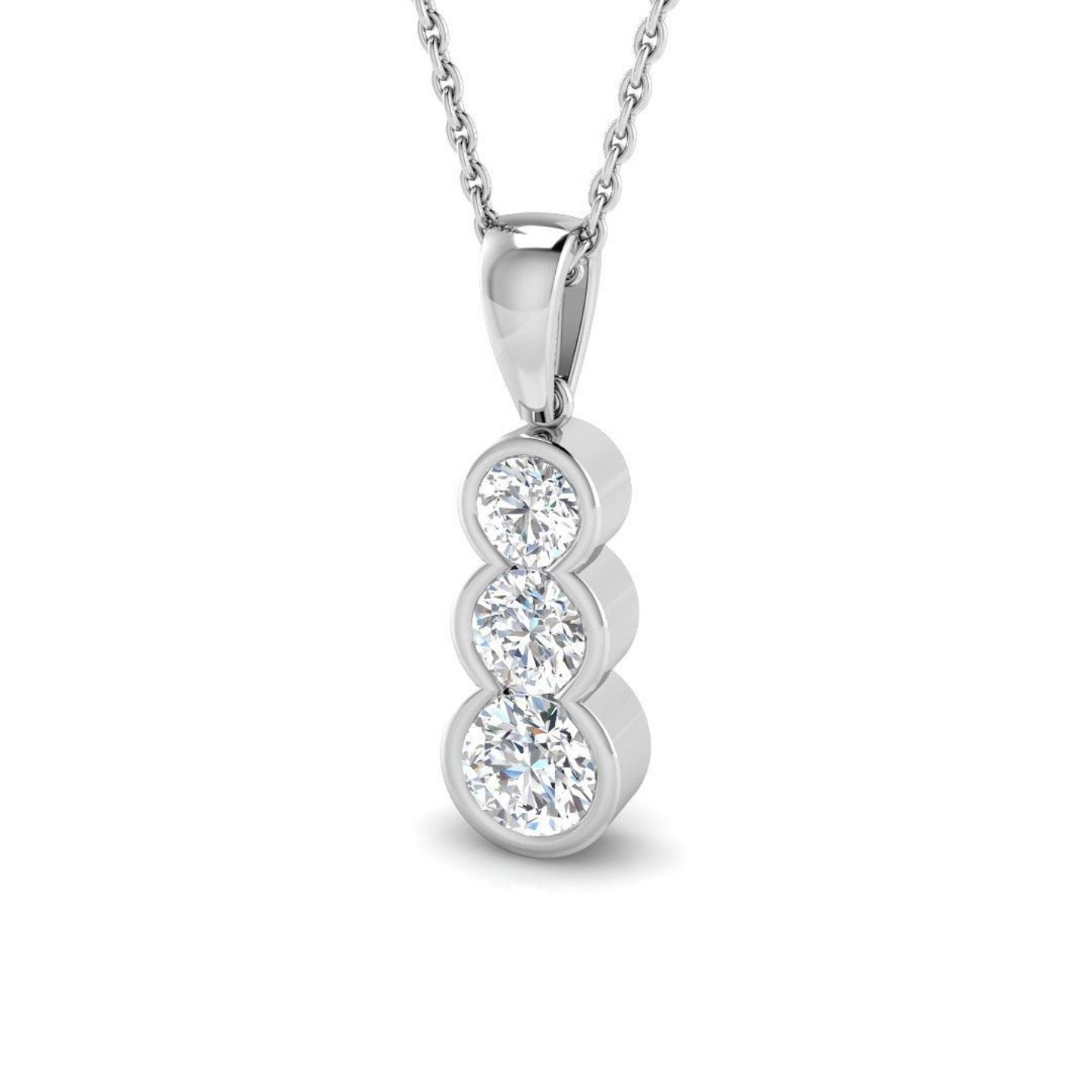 Three Stone Diamond Drop Pendant in Bezel Set - Vertical Design in 10K/14K gold and platinum with certified lab-grown or natural diamonds