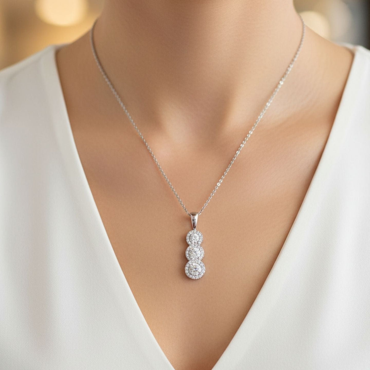 Cluster Halo Diamond Drop Pendant Three Stone in 10K/14K gold and platinum with certified lab-grown or natural diamonds