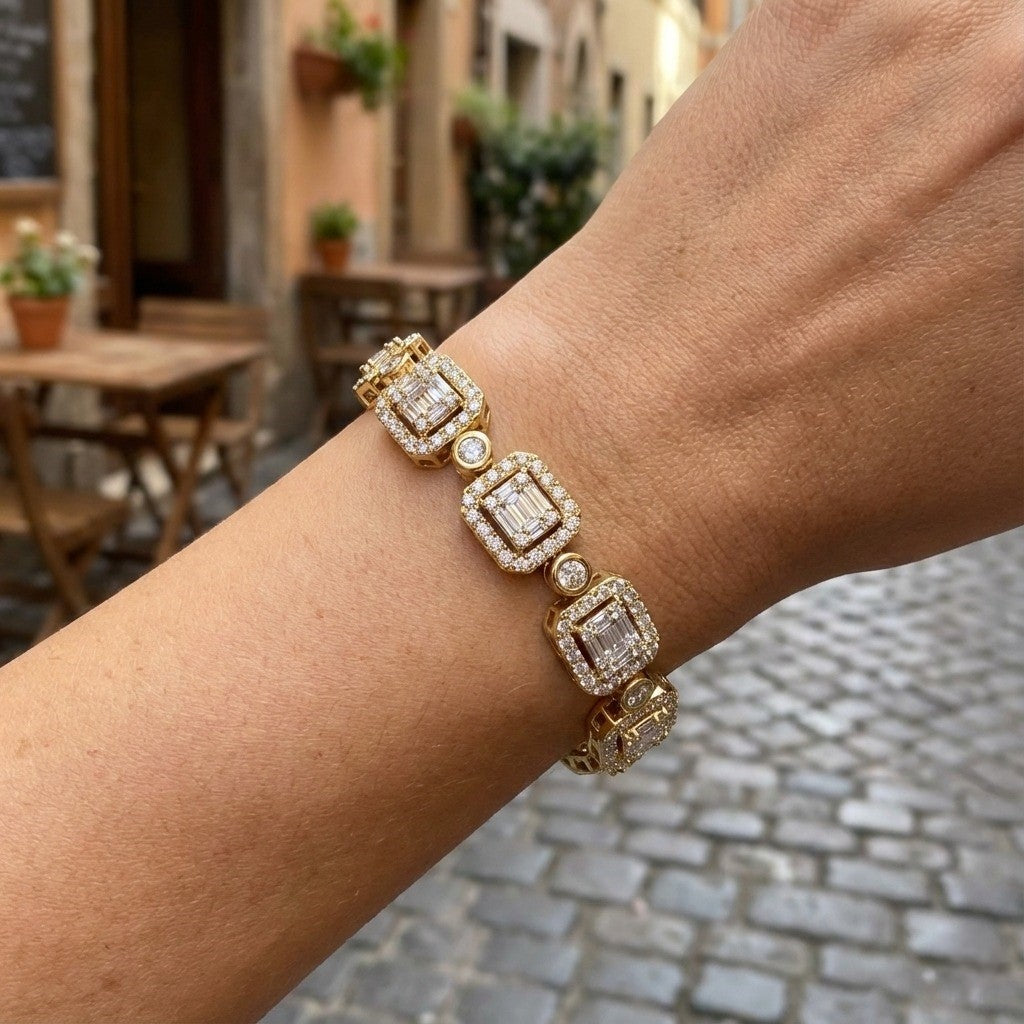 Emerald Style Round & Baguette Cut Lab Grown Diamond Bracelet in 10K/14K gold and platinum with certified lab-grown or natural diamonds