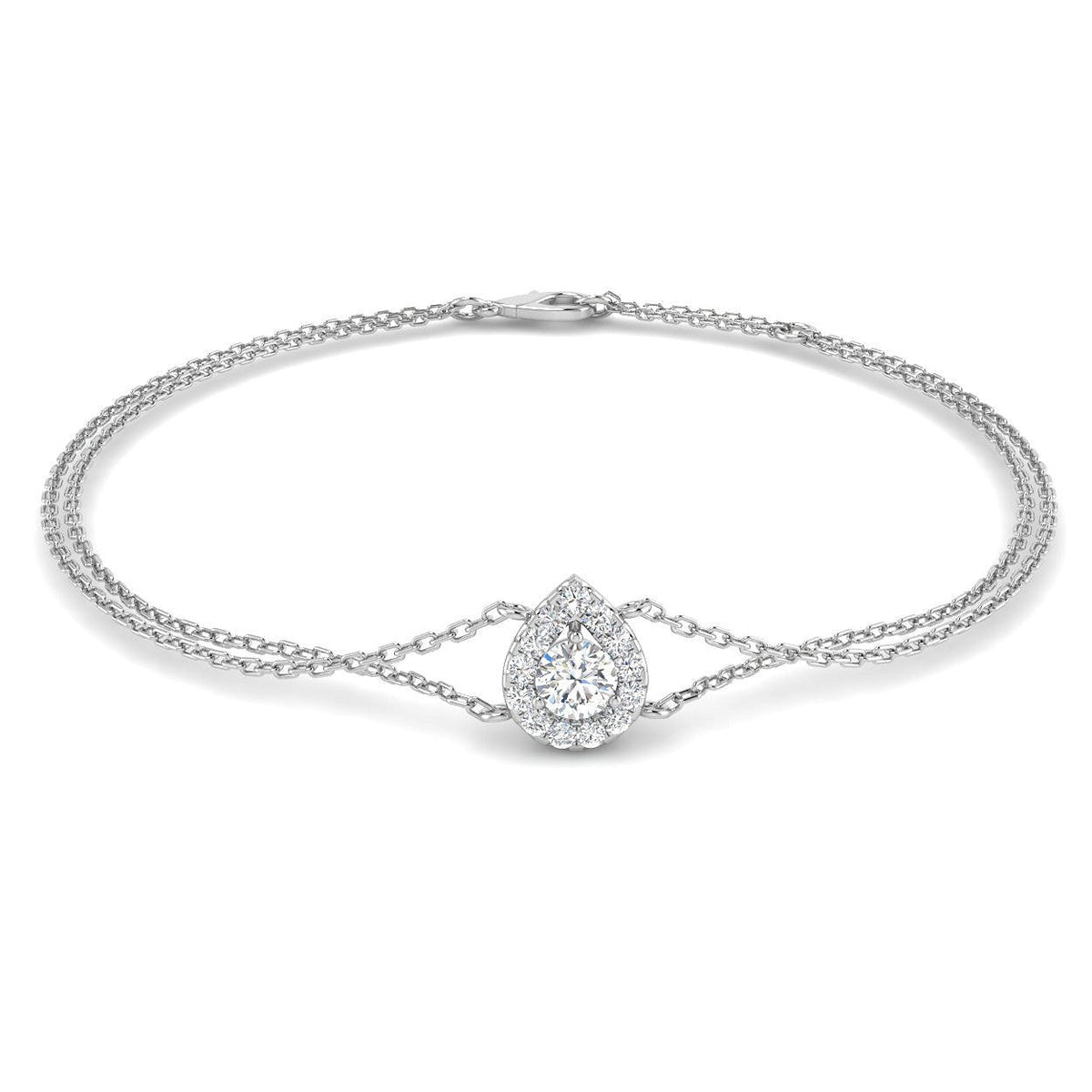 Natural Round Cut Pear Style Halo Double Chain Bracelet - Lobster Clasp in 10K/14K gold and platinum with certified lab-grown or natural diamonds