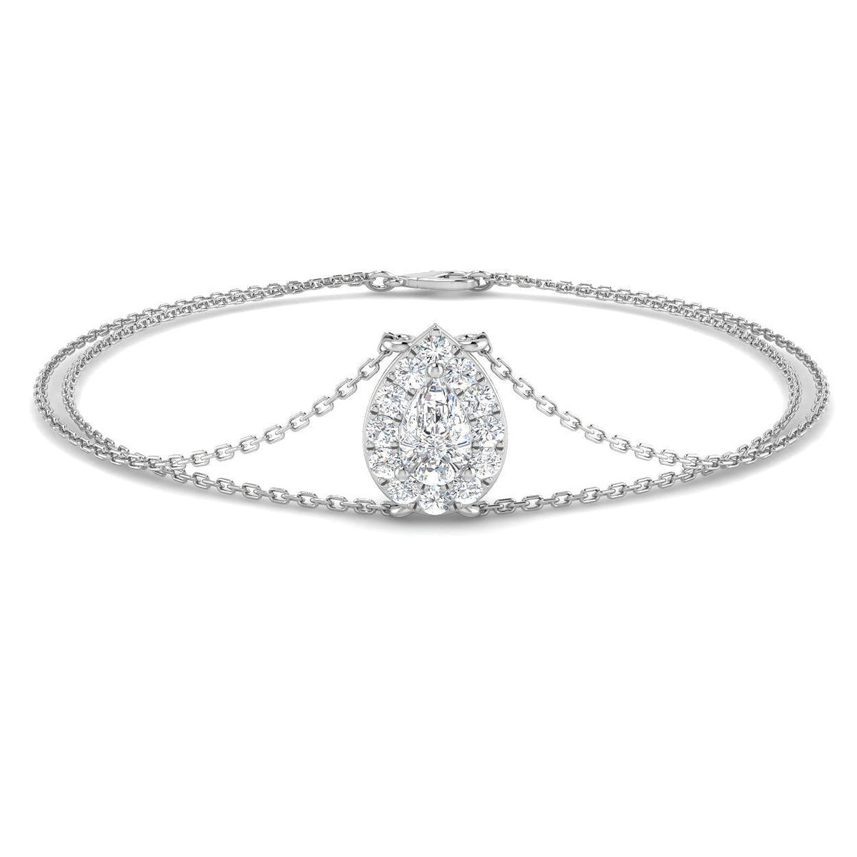 Natural Solitaire Pear Cut Diamond Halo Double Chain Bracelet in Platinum with Lobster Claw in 10K/14K gold and platinum with certified lab-grown or natural diamonds