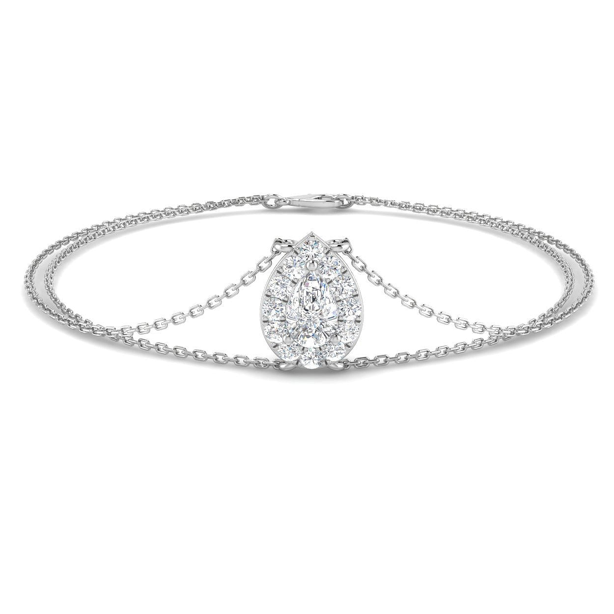 Natural Solitaire Pear Cut Diamond Halo Double Chain Bracelet in Platinum with Lobster Claw in 10K/14K gold and platinum with certified lab-grown or natural diamonds