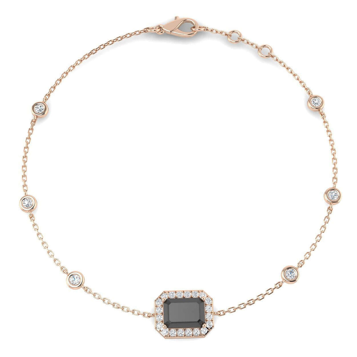 Solitaire Emerald Cut Black Stone with Natural Diamond Halo Chain Bracelet in 10K/14K gold and platinum with certified lab-grown or natural diamonds