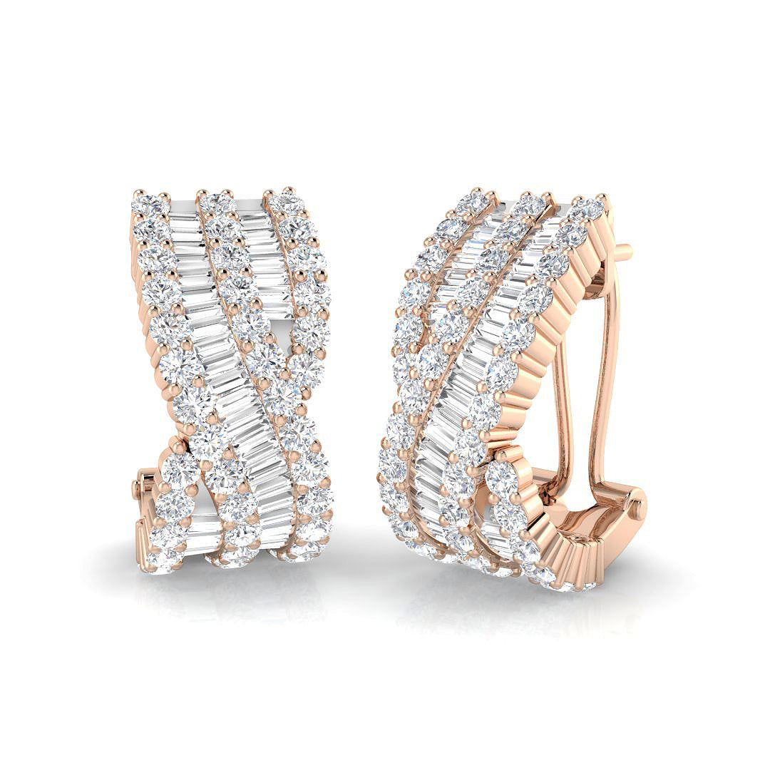 Hoop Earrings with Triple Row Cross-over Diamonds - 3ct Solid in 10K/14K gold and platinum with certified lab-grown or natural diamonds