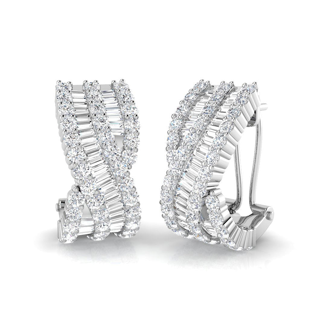 Hoop Earrings with Triple Row Cross-over Diamonds - 3ct Solid in 10K/14K gold and platinum with certified lab-grown or natural diamonds