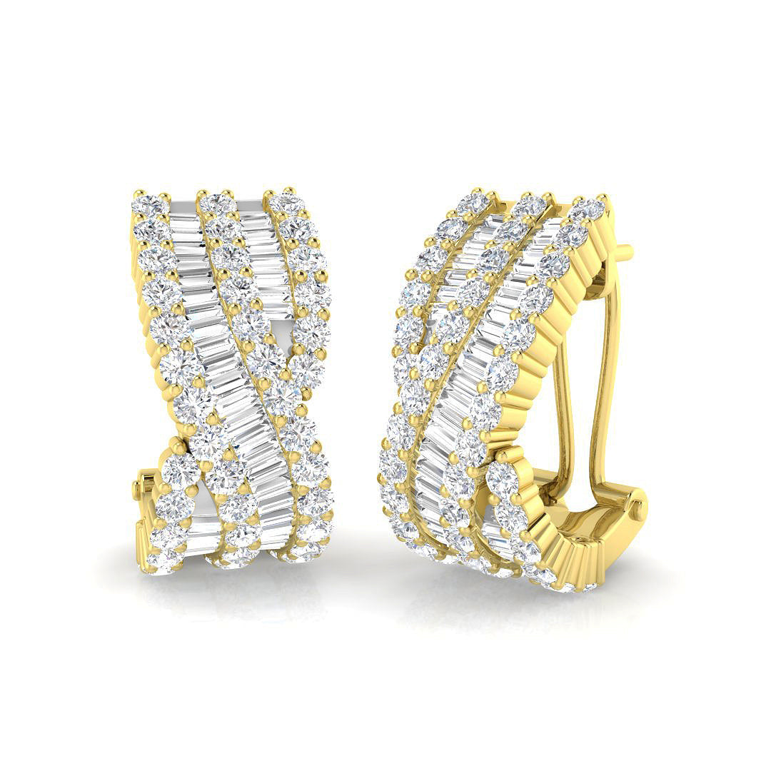 Hoop Earrings with Triple Row Cross-over Diamonds - 3ct Solid in 10K/14K gold and platinum with certified lab-grown or natural diamonds