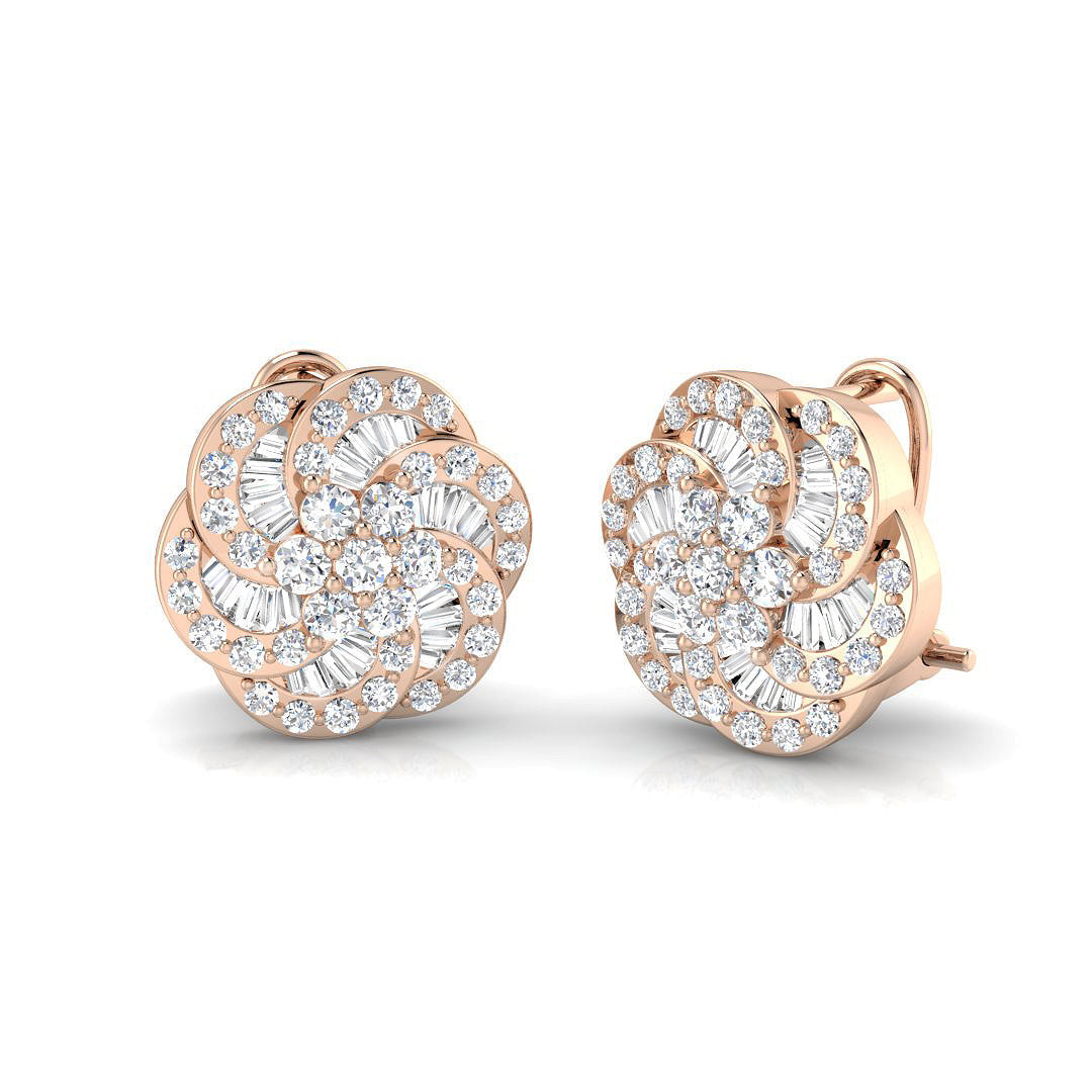 Lab Grown & Natural Round & Baguette Cluster Stud Earrings in 10K/14K gold and platinum with certified lab-grown or natural diamonds