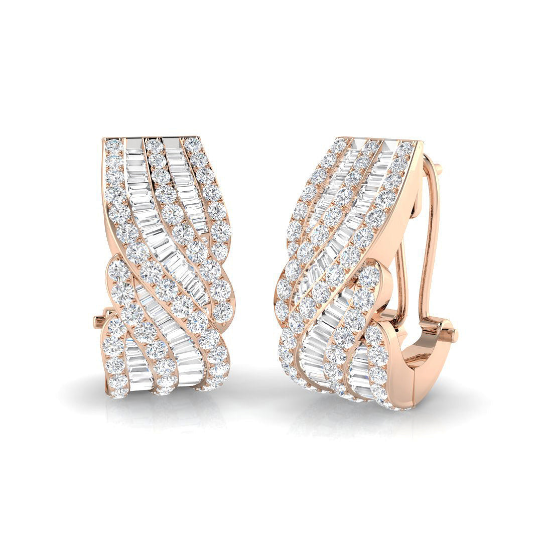 Hoop Earrings with Wave Cross Diamond Design - 1.75ct Solid in 10K/14K gold and platinum with certified lab-grown or natural diamonds