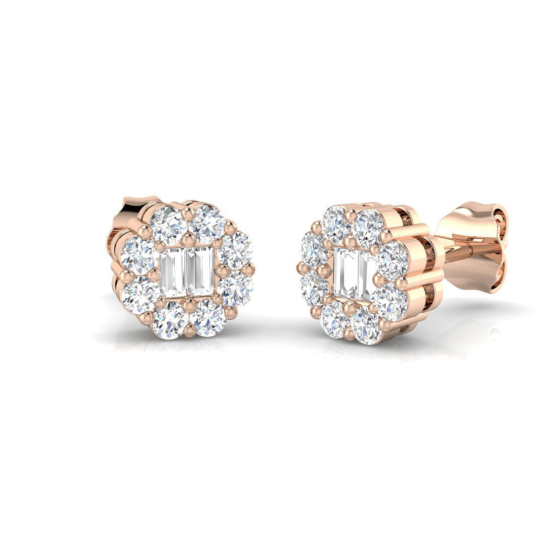 Halo Round Diamond Earrings - 0.50 Carat Festive Twin Baguette Cluster in 10K/14K gold and platinum with certified lab-grown or natural diamonds