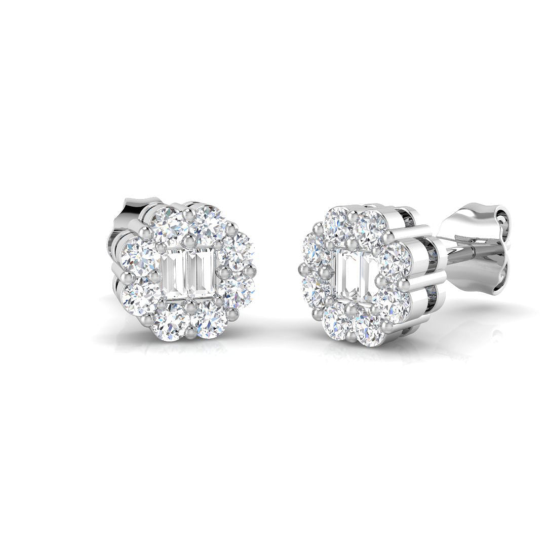 Halo Round Diamond Earrings - 0.50 Carat Festive Twin Baguette Cluster in 10K/14K gold and platinum with certified lab-grown or natural diamonds