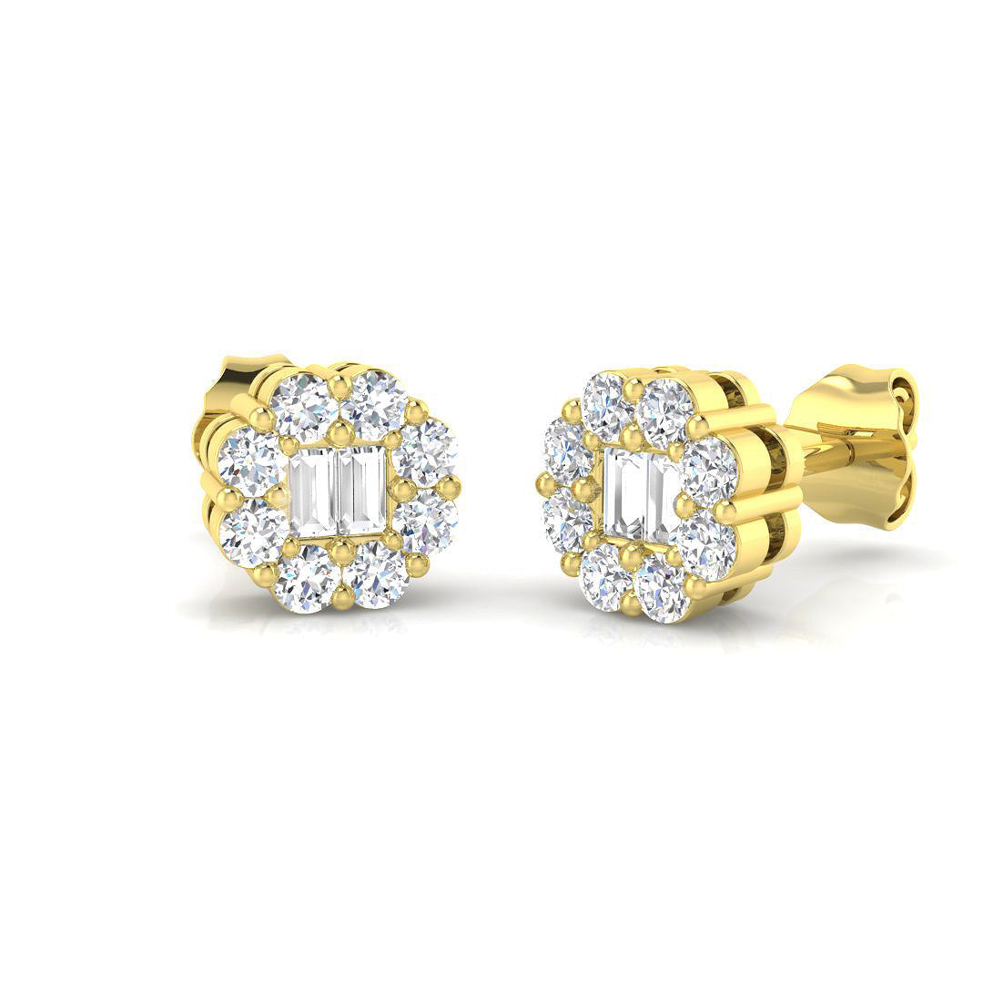 Halo Round Diamond Earrings - 0.50 Carat Festive Twin Baguette Cluster in 10K/14K gold and platinum with certified lab-grown or natural diamonds