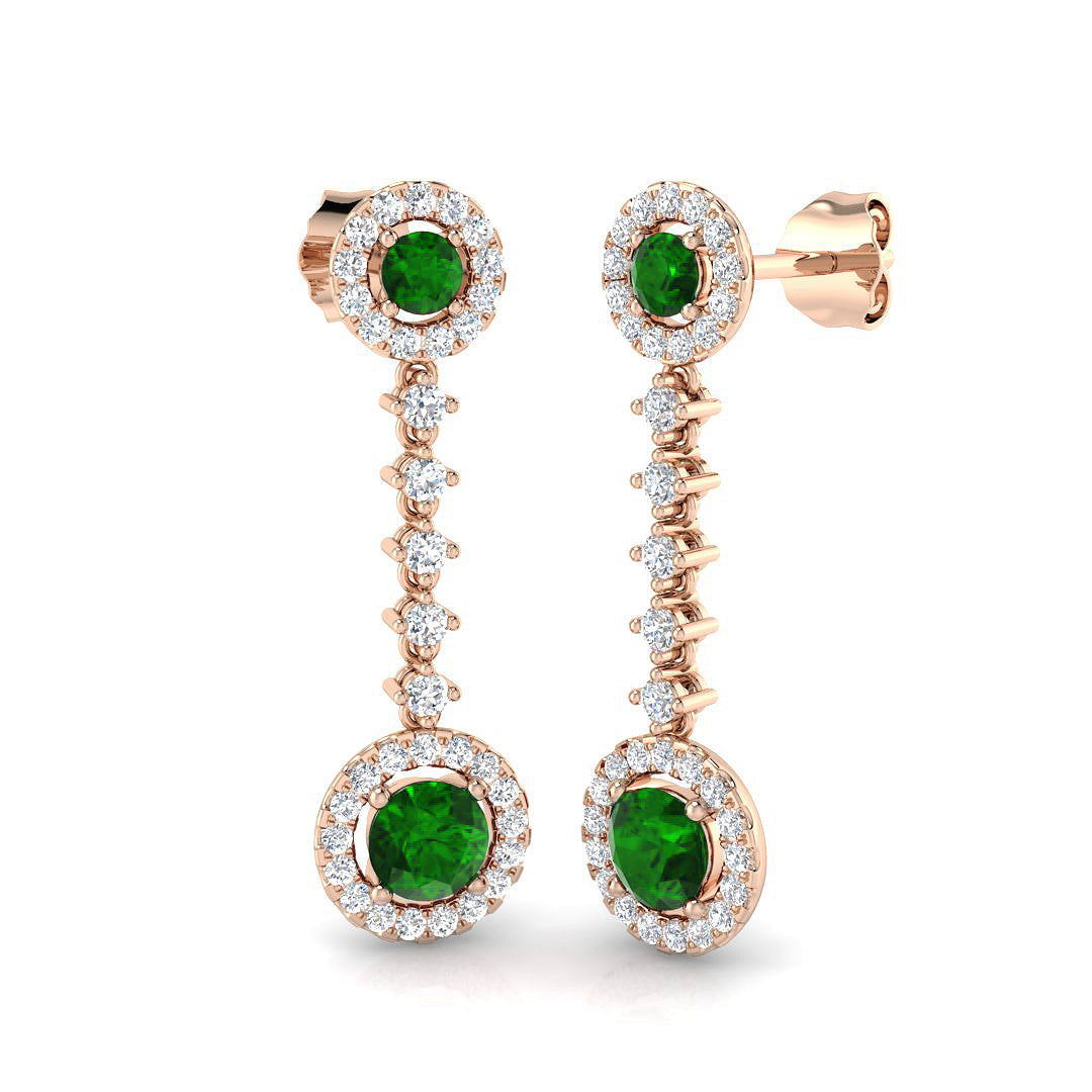 Round Cut Emerald Halo Drop Earrings with Liner Diamond Accents in 10K/14K gold and platinum with certified lab-grown or natural diamonds