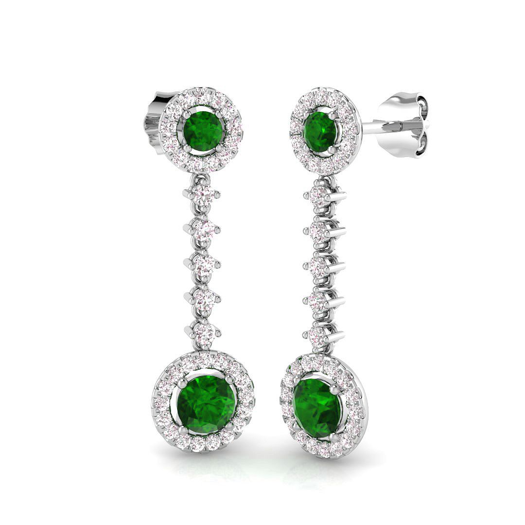 Round Cut Emerald Halo Drop Earrings with Liner Diamond Accents in 10K/14K gold and platinum with certified lab-grown or natural diamonds