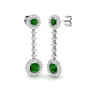 Round Cut Emerald Halo Drop Earrings with Liner Diamond Accents in 10K/14K gold and platinum with certified lab-grown or natural diamonds