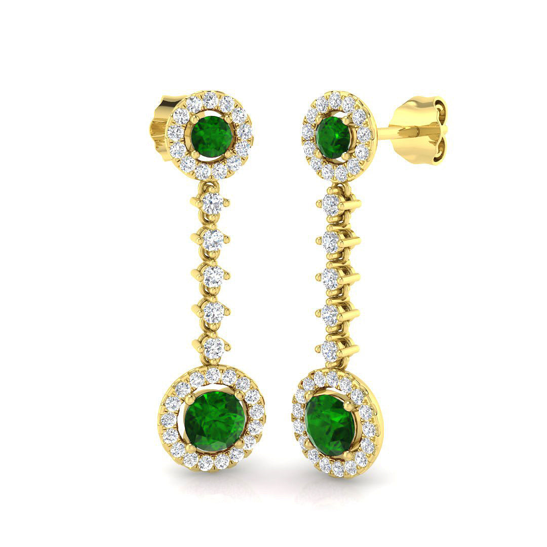 Round Cut Emerald Halo Drop Earrings with Liner Diamond Accents in 10K/14K gold and platinum with certified lab-grown or natural diamonds