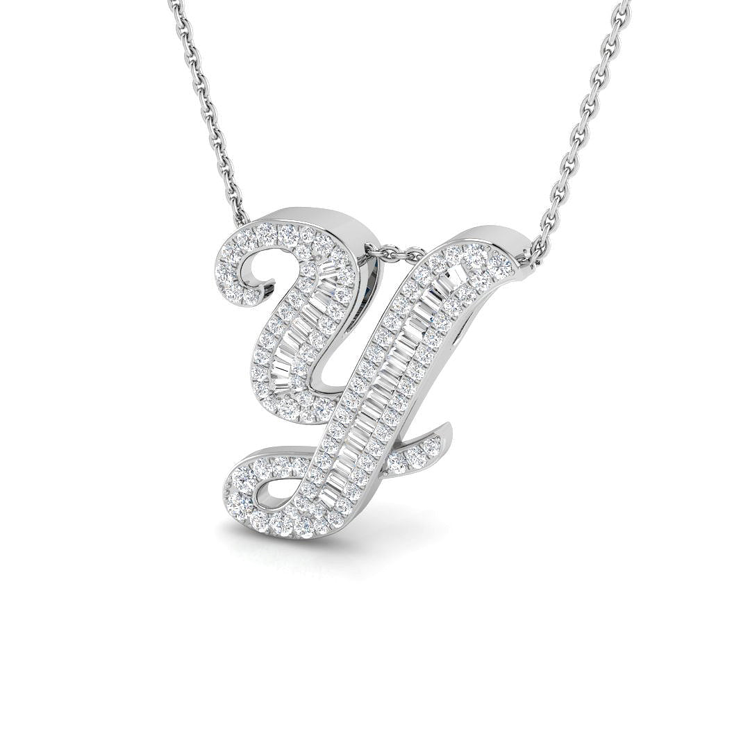 Paved Initial Diamond Pendant Necklace with Baguette & Round Diamonds in 10K/14K gold and platinum with certified lab-grown or natural diamonds