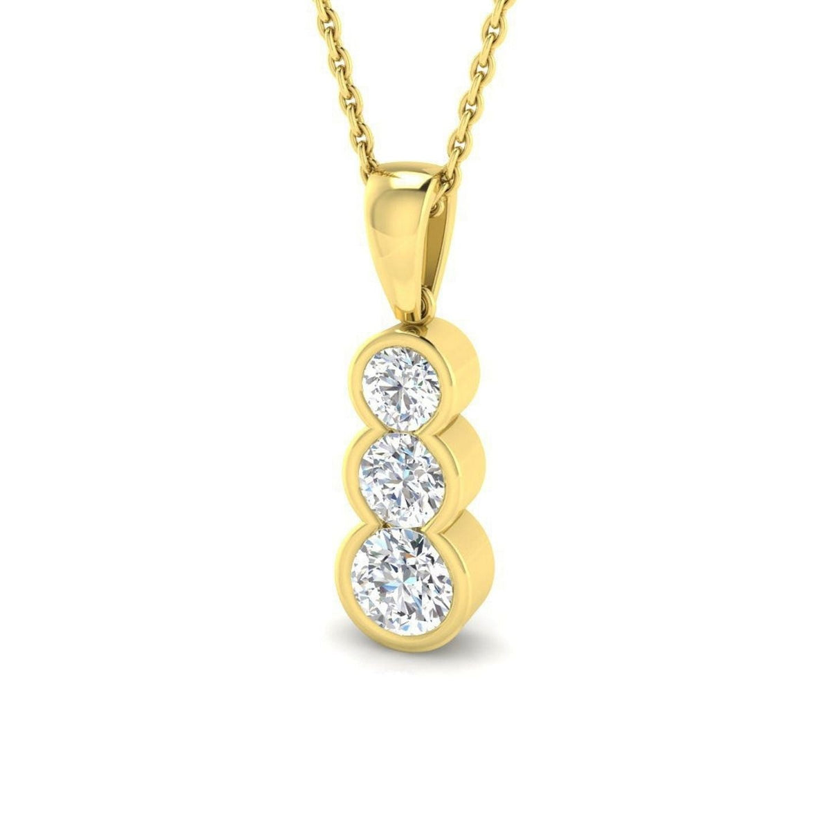 Three Stone Diamond Drop Pendant in Bezel Set - Vertical Design in 10K/14K gold and platinum with certified lab-grown or natural diamonds