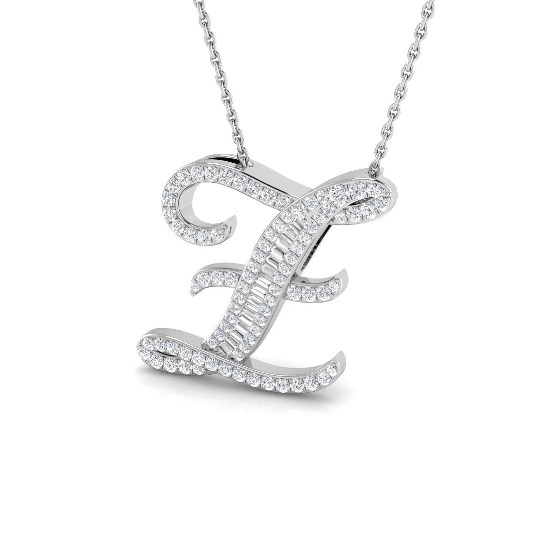 Paved Initial Diamond Pendant Necklace with Baguette & Round Diamonds in 10K/14K gold and platinum with certified lab-grown or natural diamonds