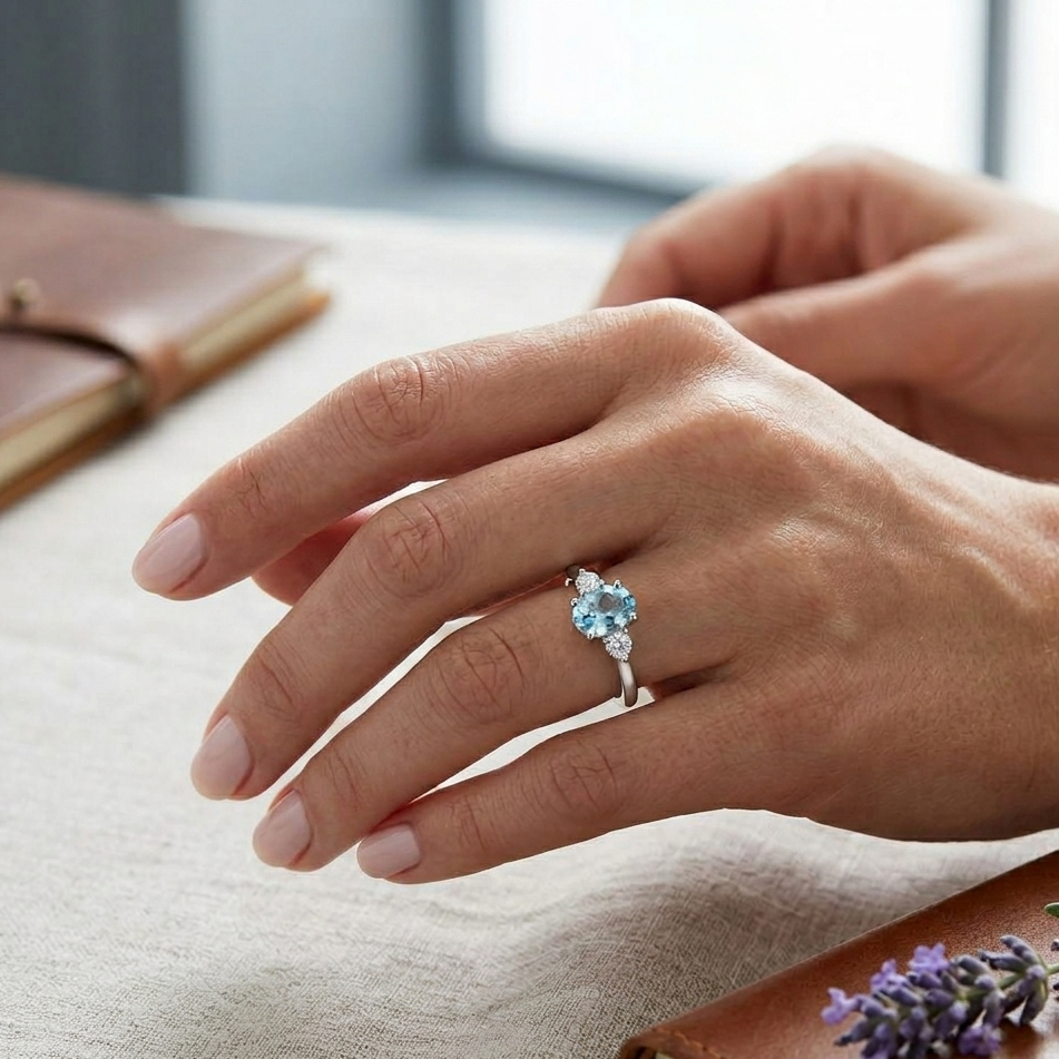 Oval Cut Aquamarine Ring with Diamond Side Stones in 10K/14K gold and platinum with certified lab-grown or natural diamonds