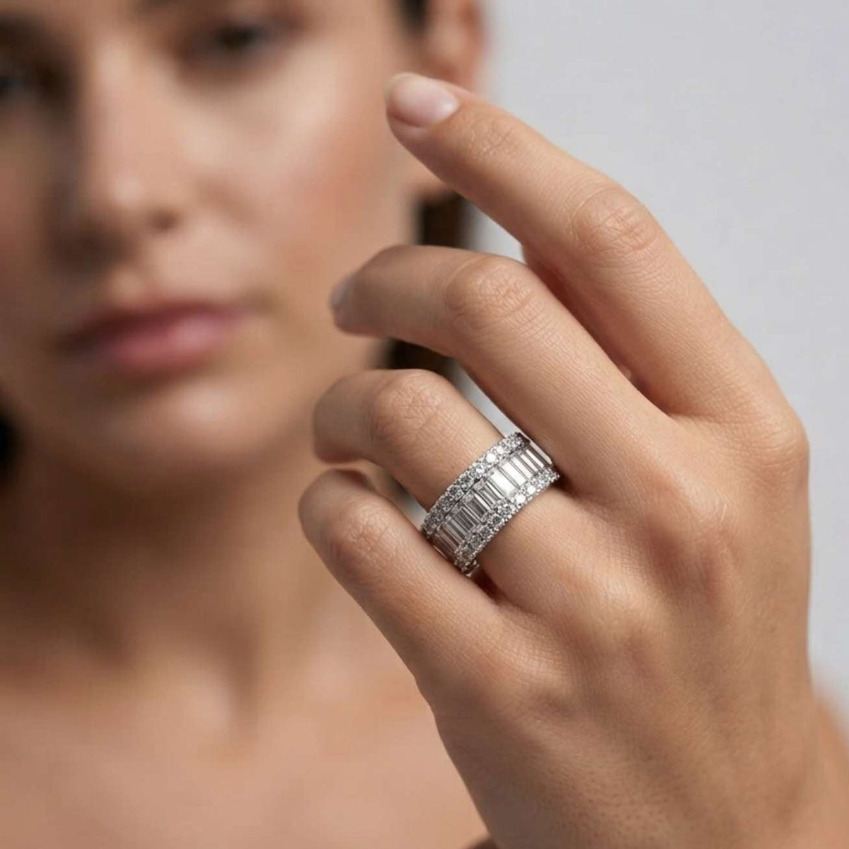 Baguette & Round Diamond Triple Row Eternity Ring in 10K/14K gold and platinum with certified lab-grown or natural diamonds