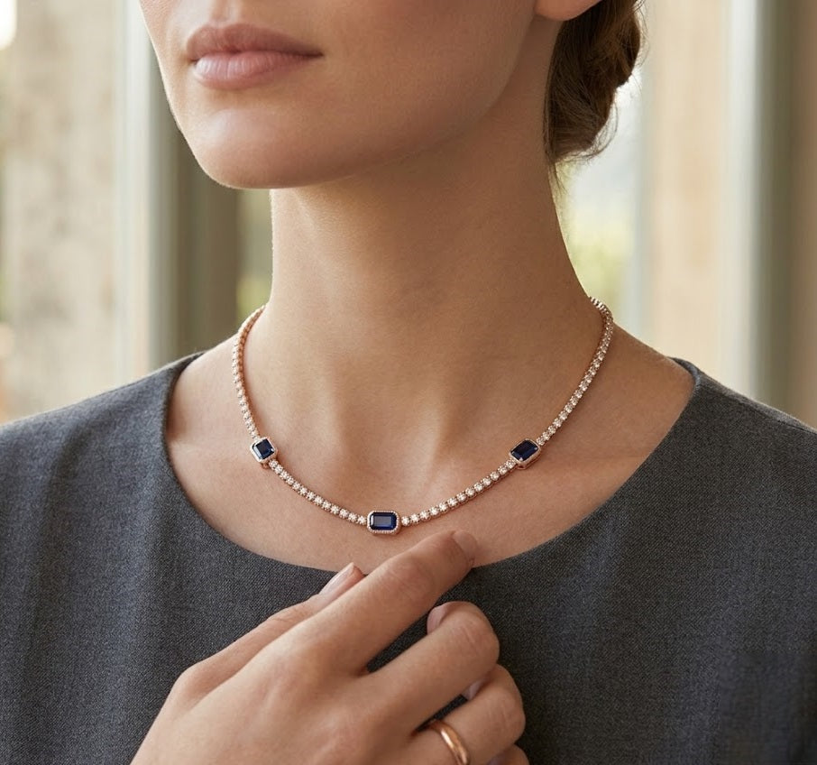Blue Sapphire & Diamond Tennis Necklace in 10K/14K gold and platinum with certified lab-grown or natural diamonds