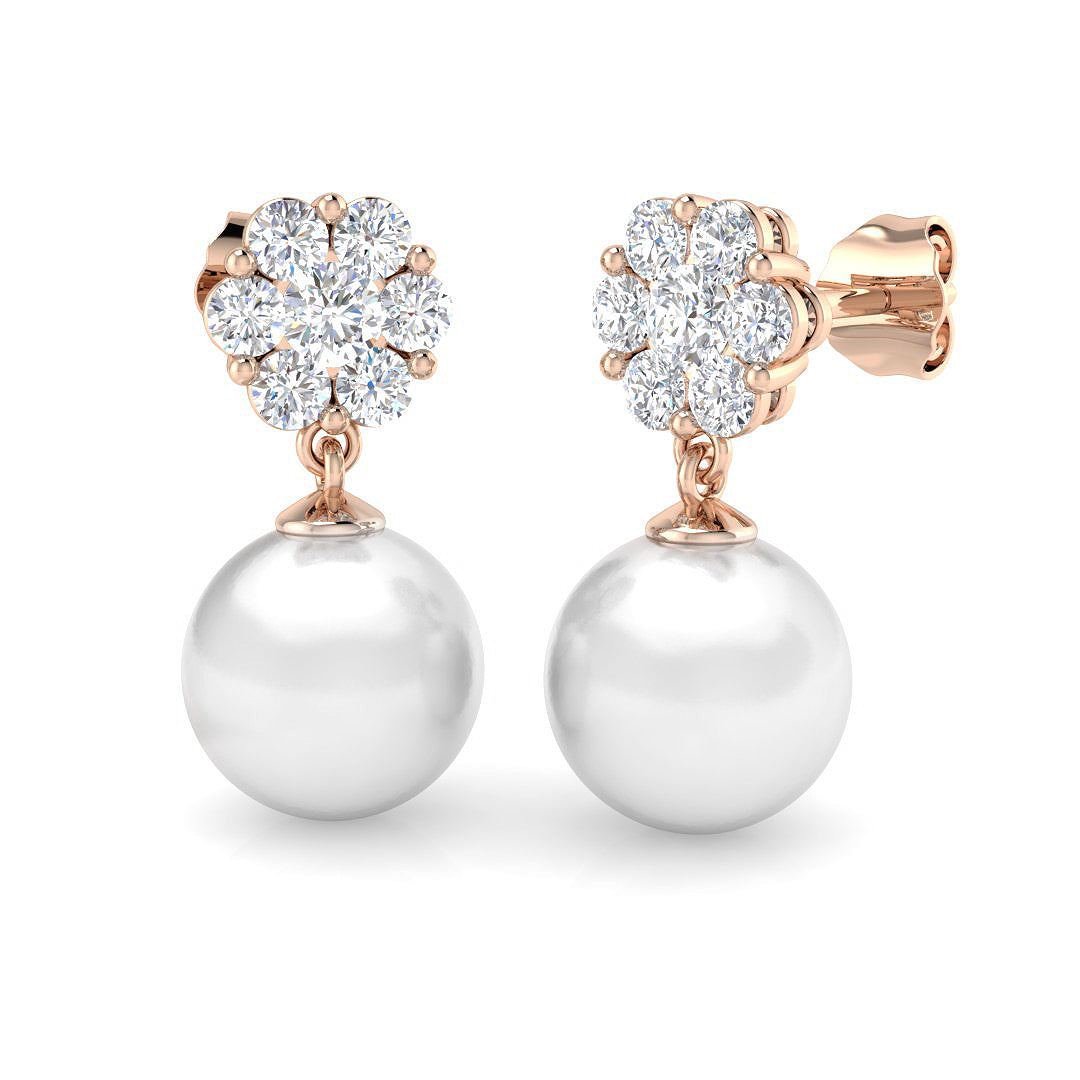 Pearl Floral Diamond Drop Earrings with Push Back - Gold & in 10K/14K gold and platinum with certified lab-grown or natural diamonds