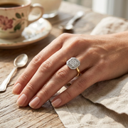 Hexagon Double Halo Cluster Ring with Round Lab Grown Diamonds in 10K/14K gold and platinum with certified lab-grown or natural diamonds
