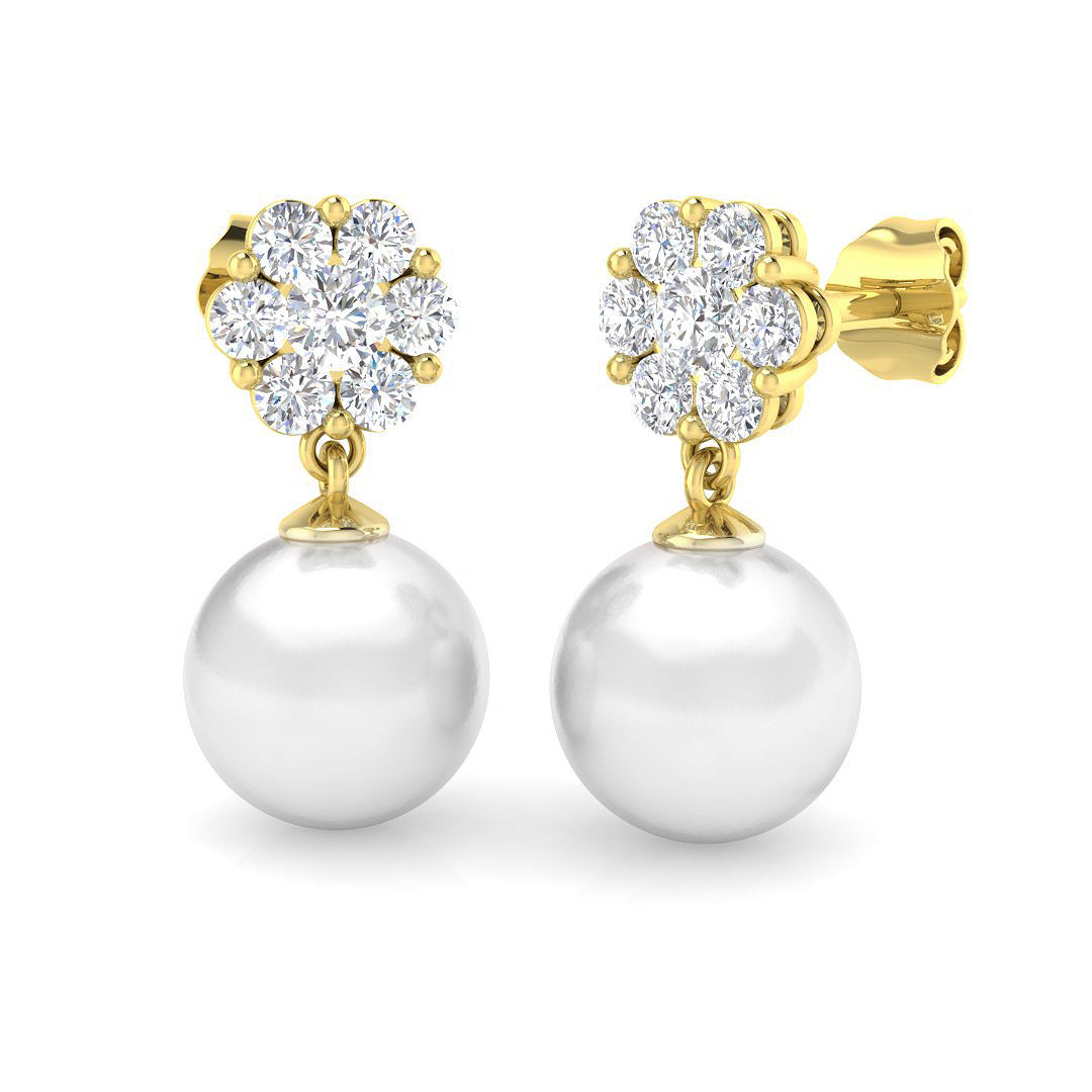 Pearl Floral Diamond Drop Earrings with Push Back - Gold & in 10K/14K gold and platinum with certified lab-grown or natural diamonds