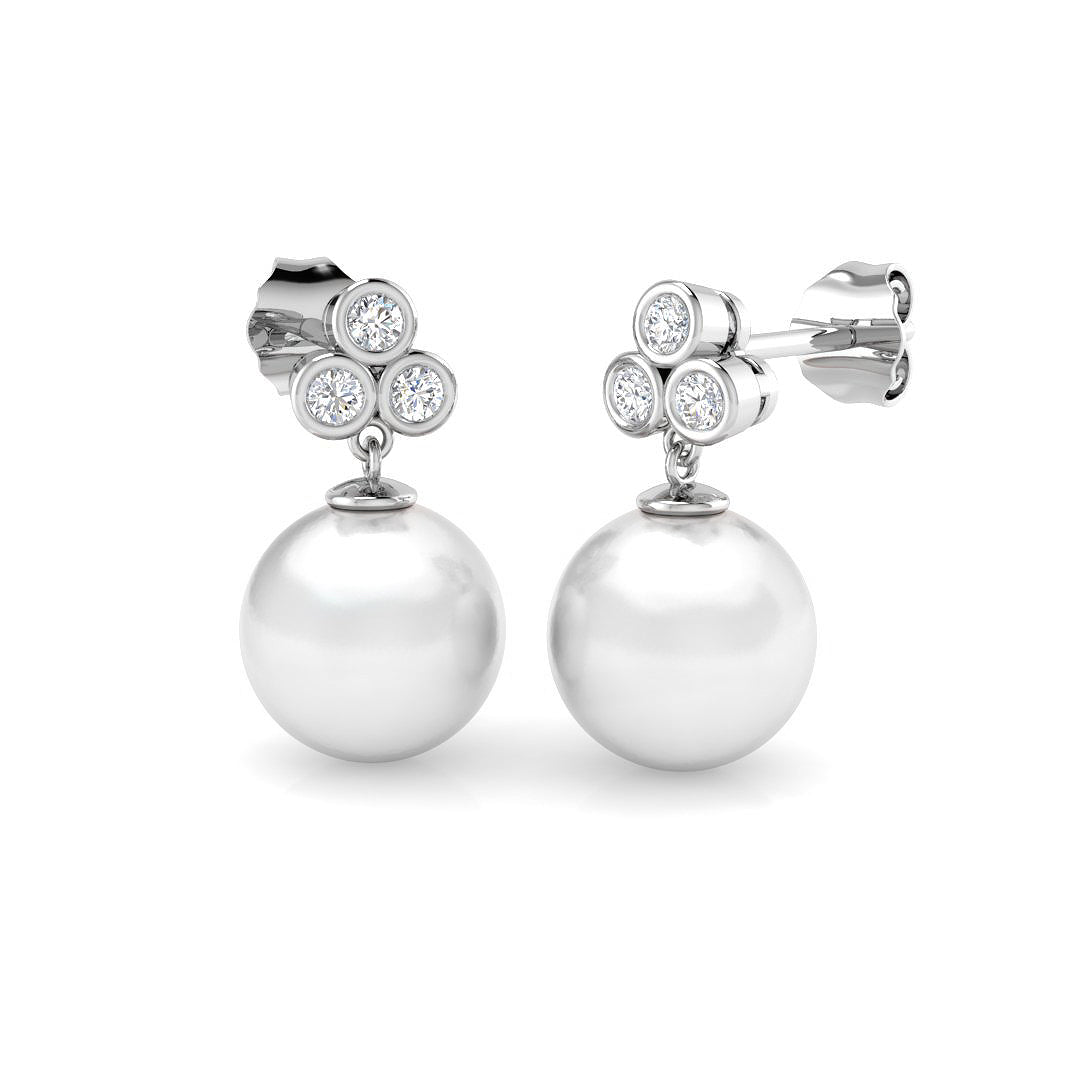 Round Pearl Diamond Drop Earrings with Bezel Set Diamonds in 10K/14K gold and platinum with certified lab-grown or natural diamonds