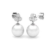 Round Pearl Diamond Drop Earrings with Bezel Set Diamonds in 10K/14K gold and platinum with certified lab-grown or natural diamonds
