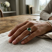 Emerald Cut Green Emerald Three Stone Ring with Trillion Diamond Side Stones in 10K/14K gold and platinum with certified lab-grown or natural diamonds