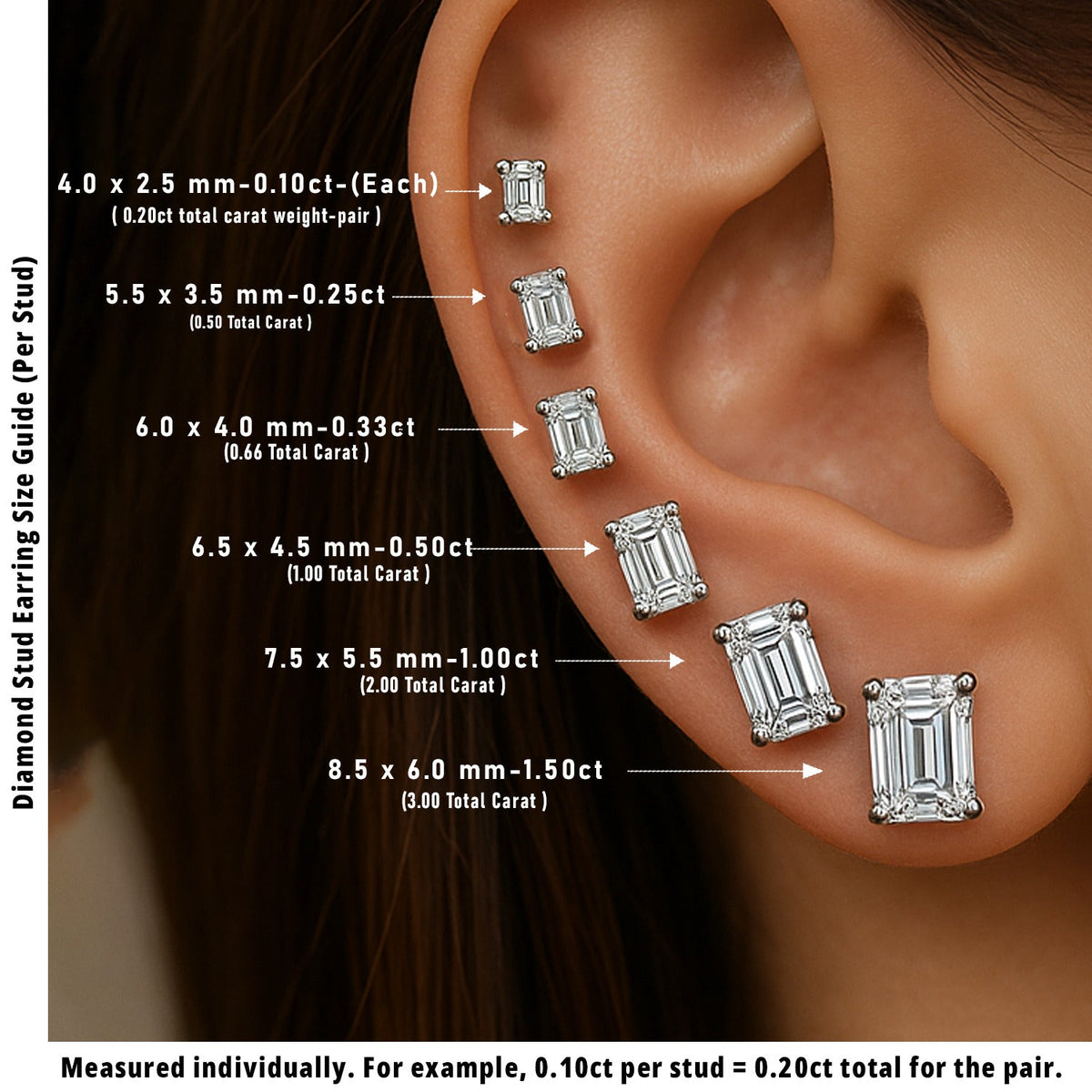 Stud Earrings with Lab Grown Emerald Cut Diamond - 3.00ct in 10K/14K gold and platinum with certified lab-grown or natural diamonds
