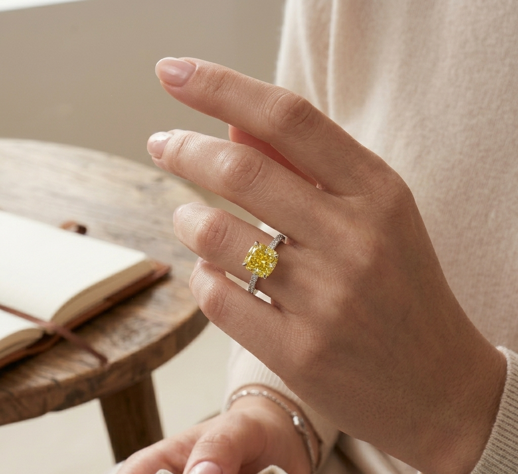 Cushion Cut Natural Yellow Diamond Engagement Ring with Round Pave Diamond Band in 10K/14K gold and platinum with certified lab-grown or natural diamonds