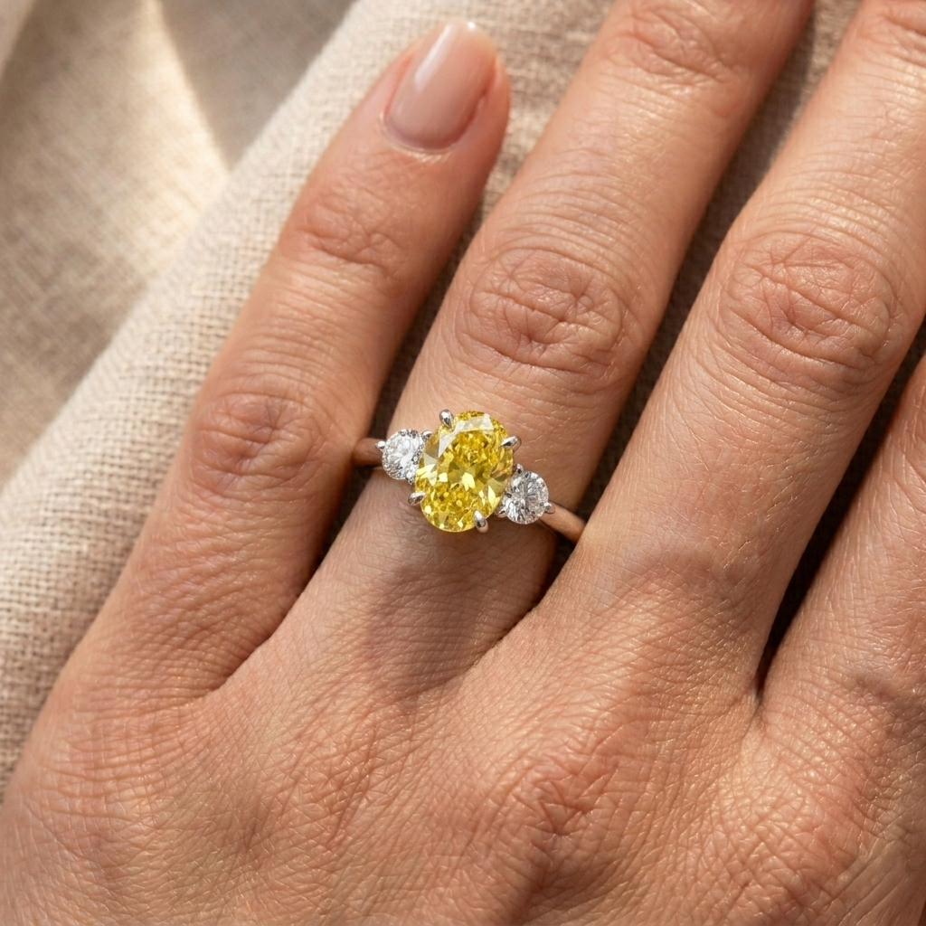 Oval Cut Natural Yellow Diamond Three Stone Engagement Ring with Side Diamonds in 10K/14K gold and platinum with certified lab-grown or natural diamonds