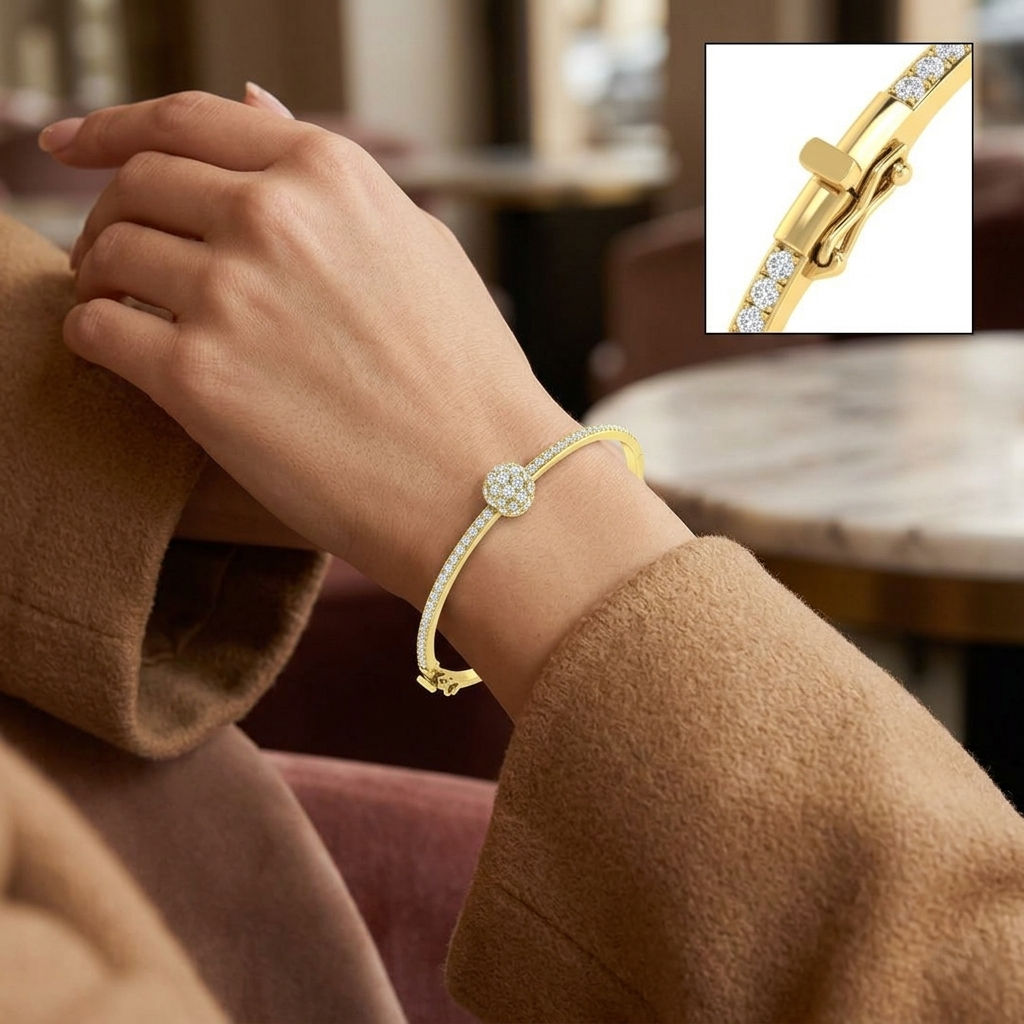 Natural Round Cut Prong Set Cluster Diamond Bangle with Box Lock in 10K/14K gold and platinum with certified lab-grown or natural diamonds