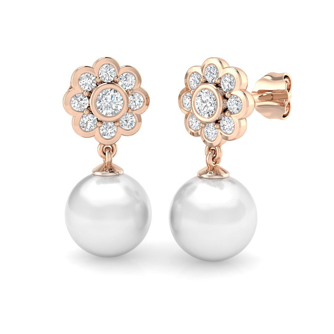 Pearl Floral Diamond Drop Earrings in 10K/14K gold and platinum with certified lab-grown or natural diamonds
