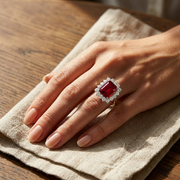 Emerald Cut Ruby Stone Center with Natural Round Diamond Halo Cluster Ring in 10K/14K gold and platinum with certified lab-grown or natural diamonds