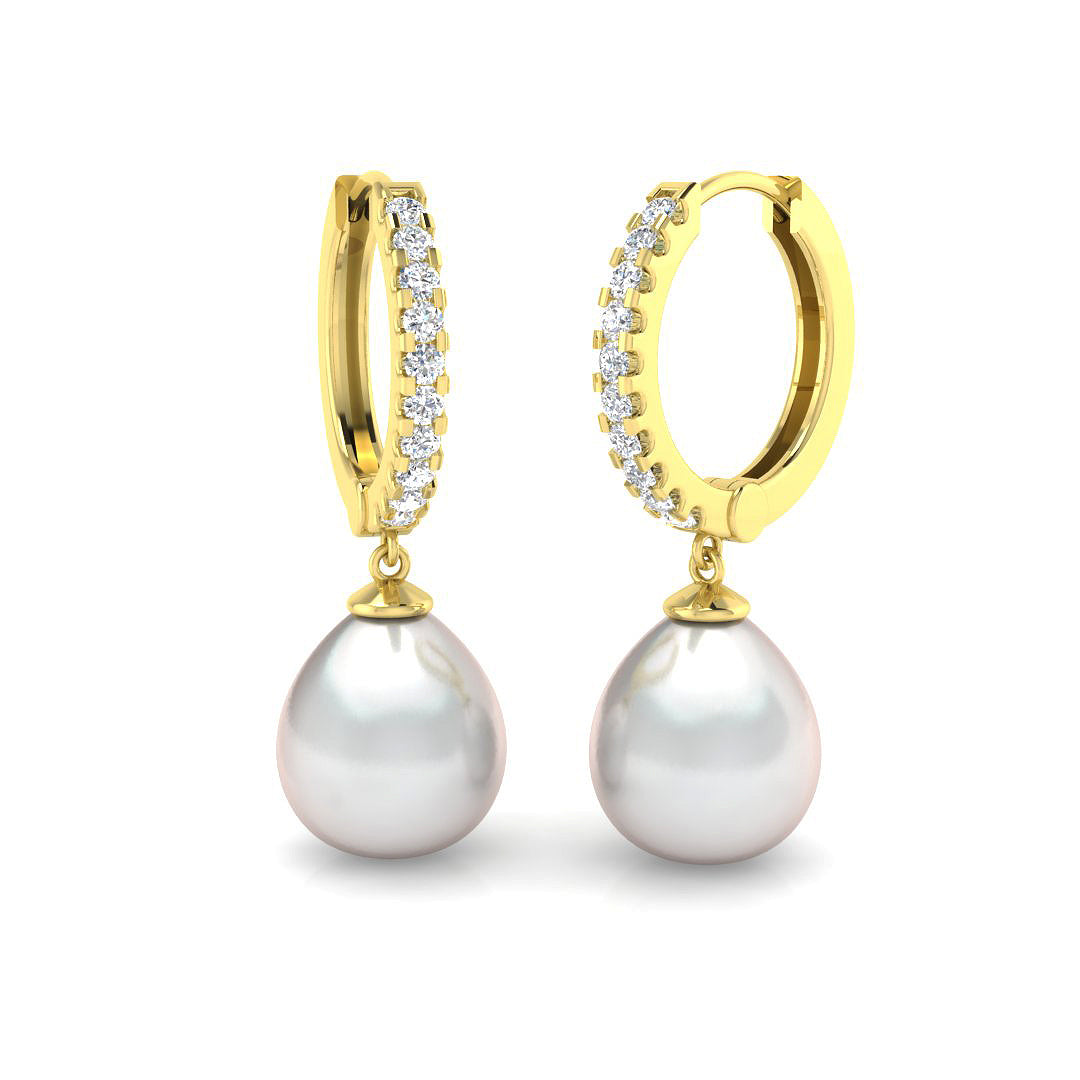 Pearl Diamond Hoop Drop Earrings - Elegant Luxury Jewelry - UK Made in 10K/14K gold and platinum with certified lab-grown or natural diamonds