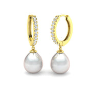Pearl Diamond Hoop Drop Earrings - Elegant Luxury Jewelry - UK Made in 10K/14K gold and platinum with certified lab-grown or natural diamonds