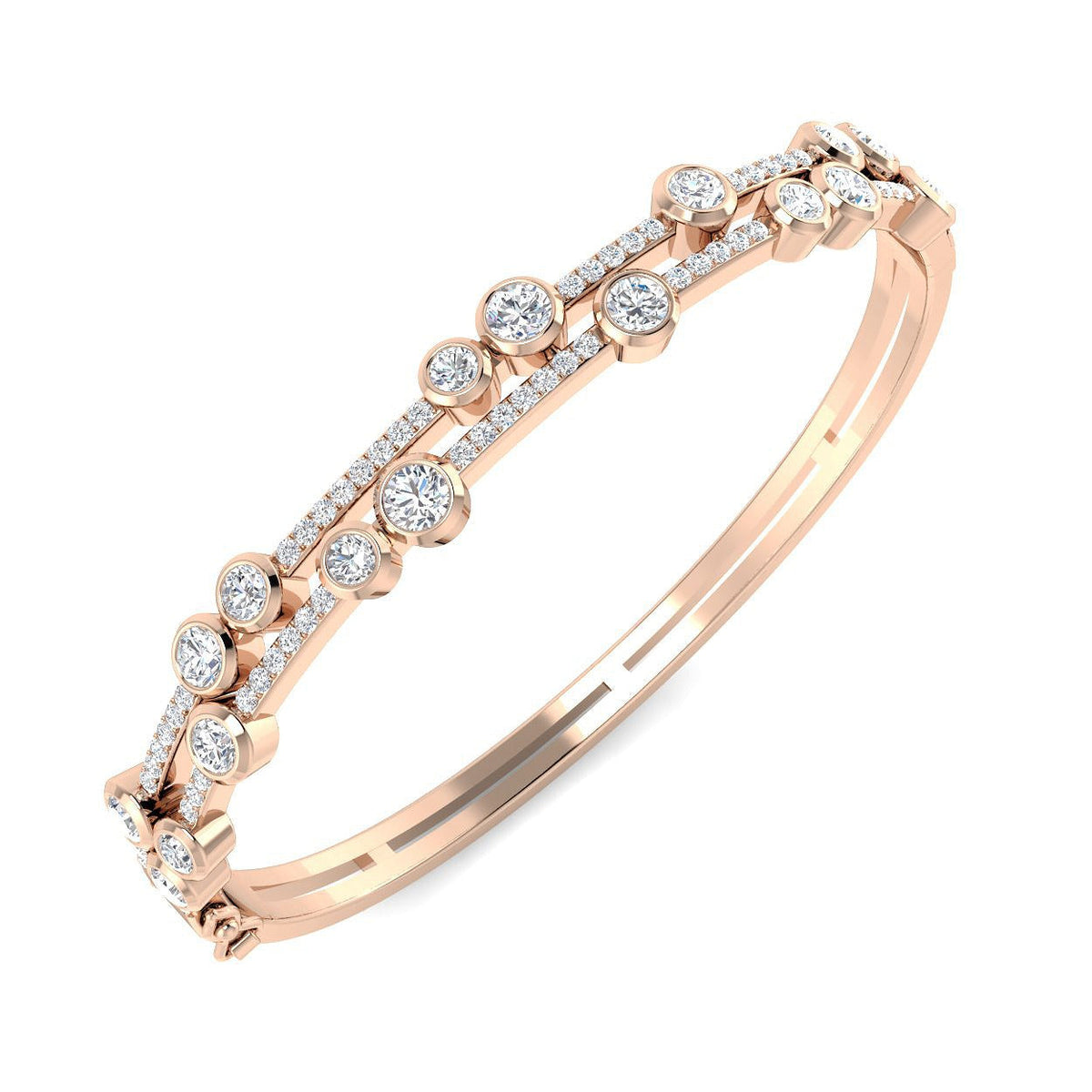 Heavy Platinum Natural Round Cut Diamond Bezel and Pave Double Row Hinged Bangle with Box Clasp in 10K/14K gold and platinum with certified lab-grown or natural diamonds