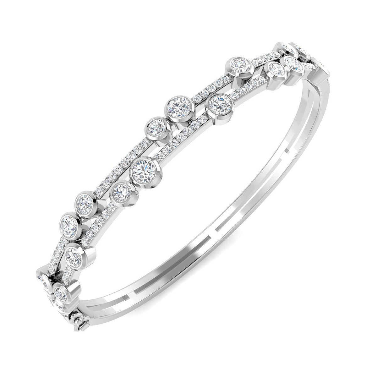 Heavy Platinum Natural Round Cut Diamond Bezel and Pave Double Row Hinged Bangle with Box Clasp in 10K/14K gold and platinum with certified lab-grown or natural diamonds