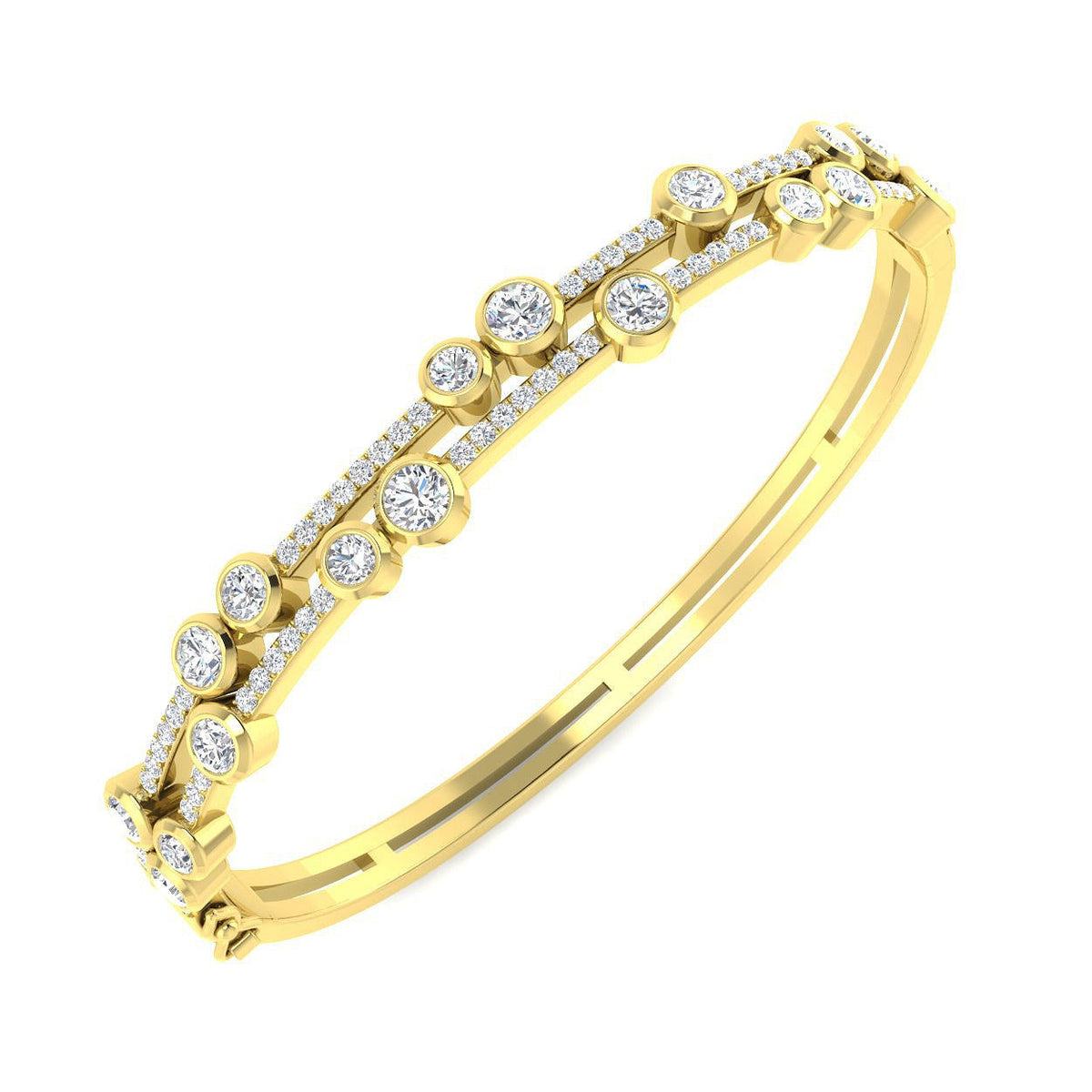 Heavy Platinum Natural Round Cut Diamond Bezel and Pave Double Row Hinged Bangle with Box Clasp in 10K/14K gold and platinum with certified lab-grown or natural diamonds