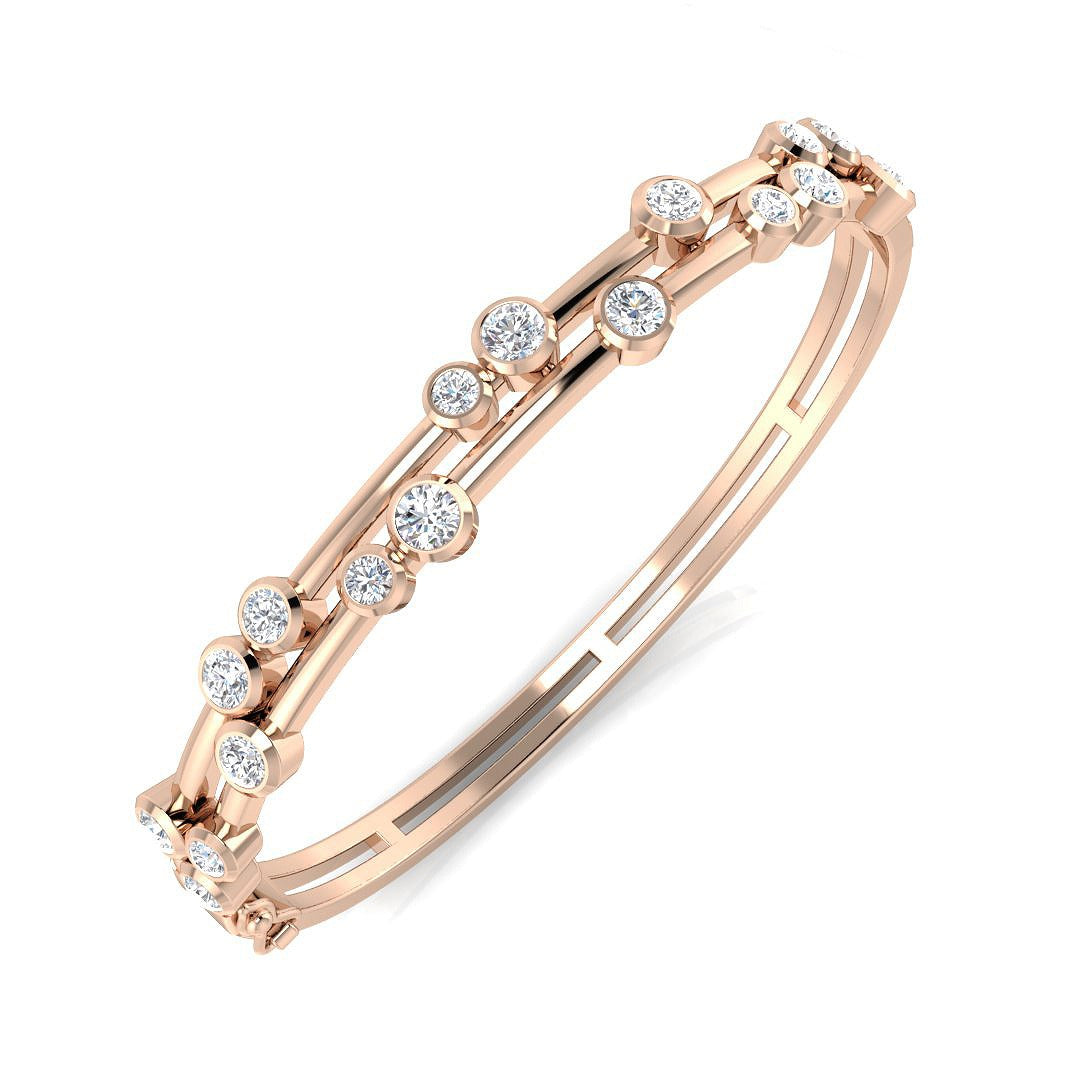 Round Cut Lab Grown Diamond Bezel Set Bubble Hinged Bangle with Box Clasp in 10K/14K gold and platinum with certified lab-grown or natural diamonds
