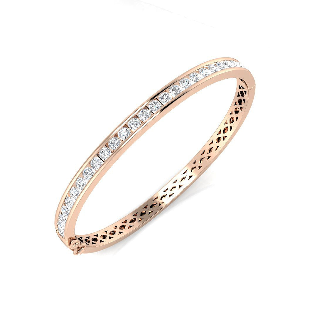 Natural Round Channel Set Diamond Bangle with Hinged Box Clasp in 10K/14K gold and platinum with certified lab-grown or natural diamonds